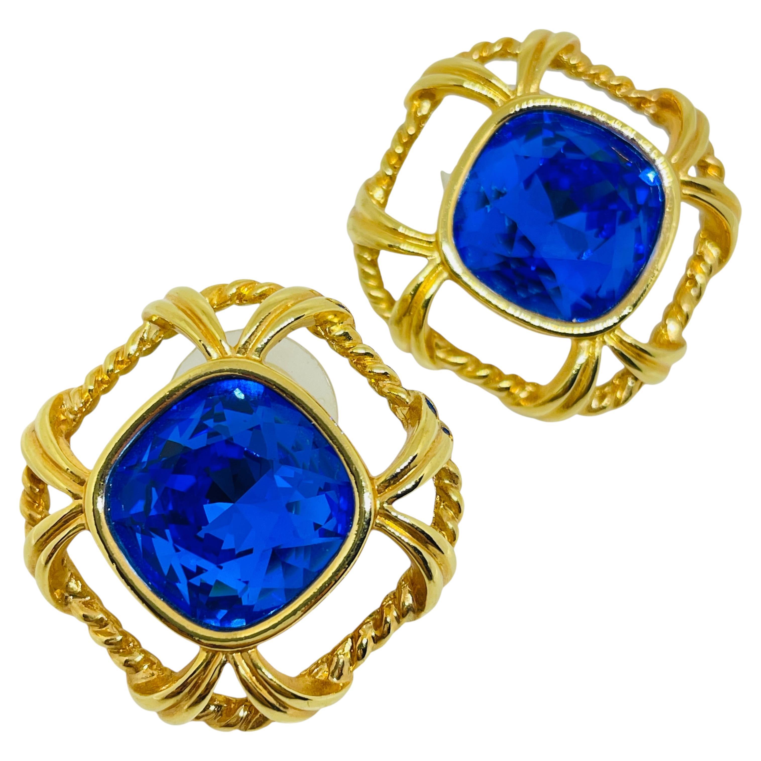 SWAROVSKI Schwan signiert vergoldet Saphir Kristall Designer 80er Jahre Post Ohrringe