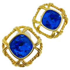 SWAROVSKI Schwan signiert vergoldet Saphir Kristall Designer 80er Jahre Post Ohrringe