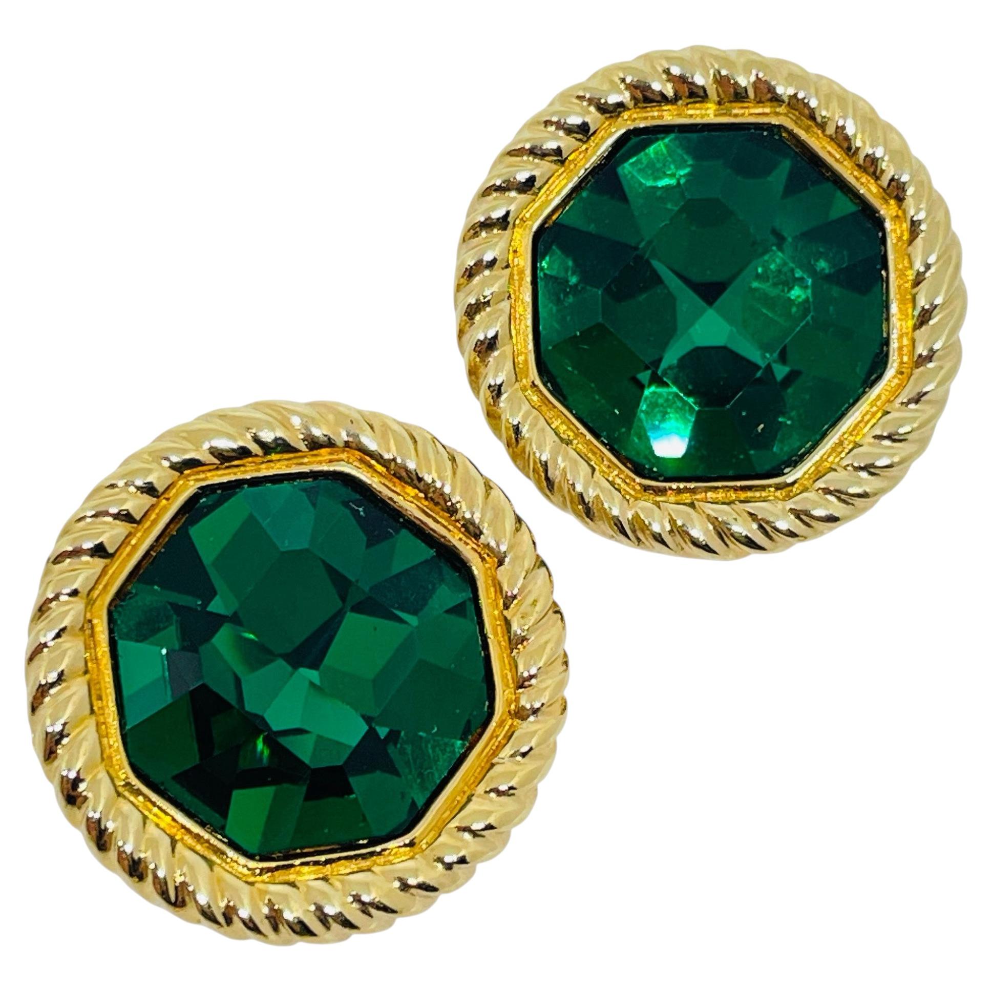 SWAROVSKI swan signed vintage gold emerald crystals designer clip on earrings