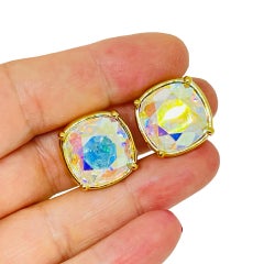 Swarovski-Schwan, signiert, Vintage, vergoldete AB-Kristalle, Designer-Ohrclips