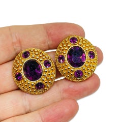 SWAROVSKI swan signed vintage gold plated amethyst crystal clip on earrings