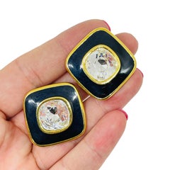 SWAROVSKI swan signed vintage gold plated enamel crystal designer clip earrings