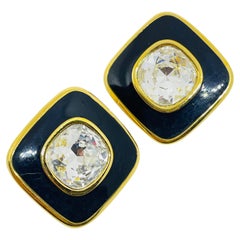 SWAROVSKI swan signed vintage gold plated enamel crystal designer clip earrings