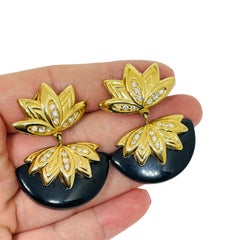 SWAROVSKI swan signed vintage gold plated glass dangle designer clip on earrings