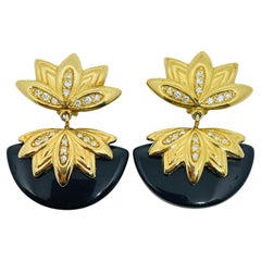 SWAROVSKI swan signed vintage gold plated glass dangle designer clip on earrings