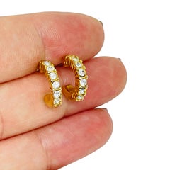 SWAROVSKI swan signed vintage gold tone crystals designer small hoop earrings