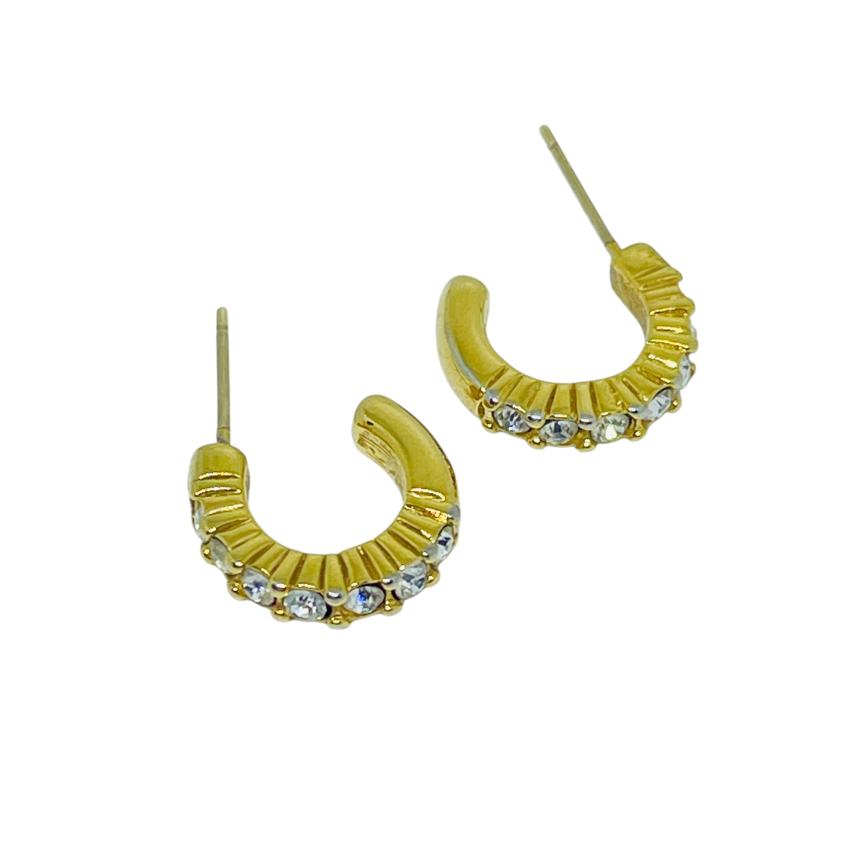 SWAROVSKI swan signed vintage gold tone crystals designer small hoop earrings