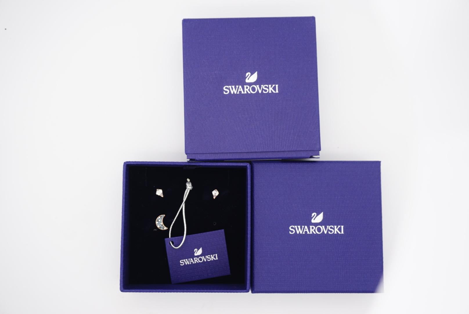 Swarovski Symbolic White Blue Moon Crystal Pierced Earrings Set, Rose Gold Tone For Sale 3