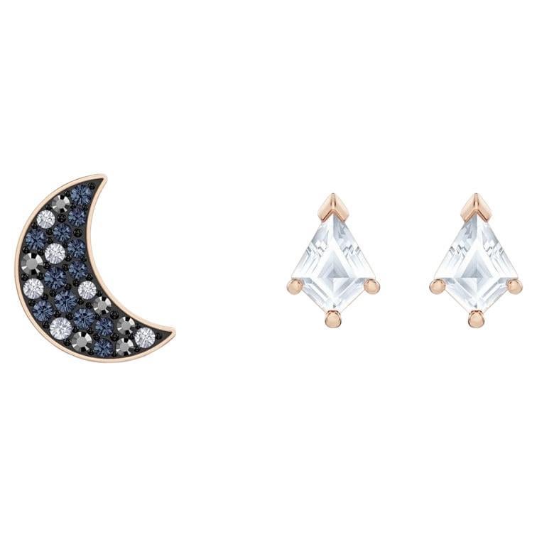 Ensemble de boucles d'oreilles en cristal de lune blanc et bleu symbolique Swarovski, de couleur or rose