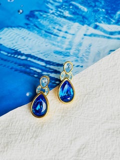 Swarovski Vintage Baroque Sapphire Navy Crystals Water Drop Pierced Earrings