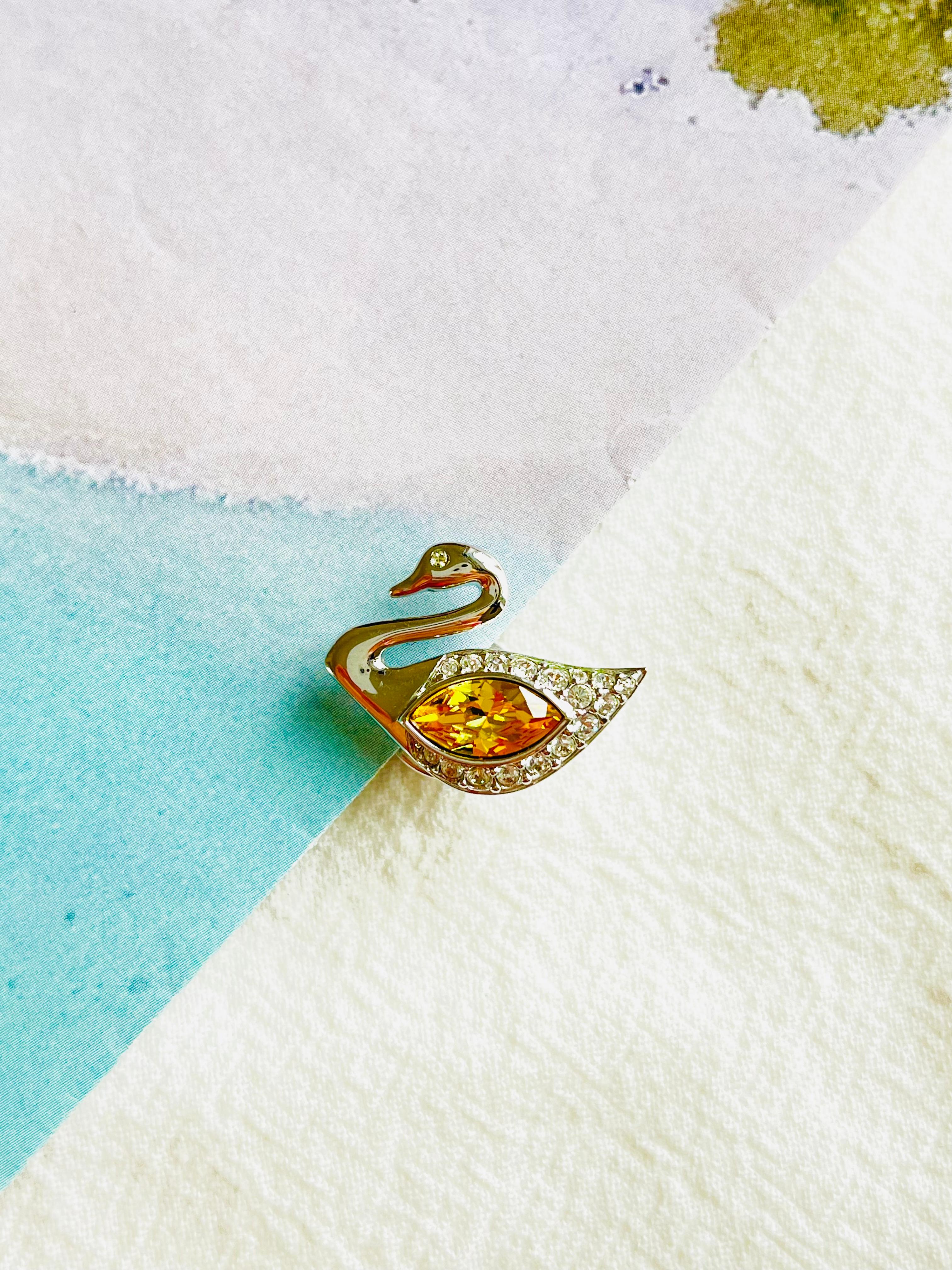 Art Deco Swarovski Vintage Classic Crystals Iconic Swan Yellow Silver Brooch Pin