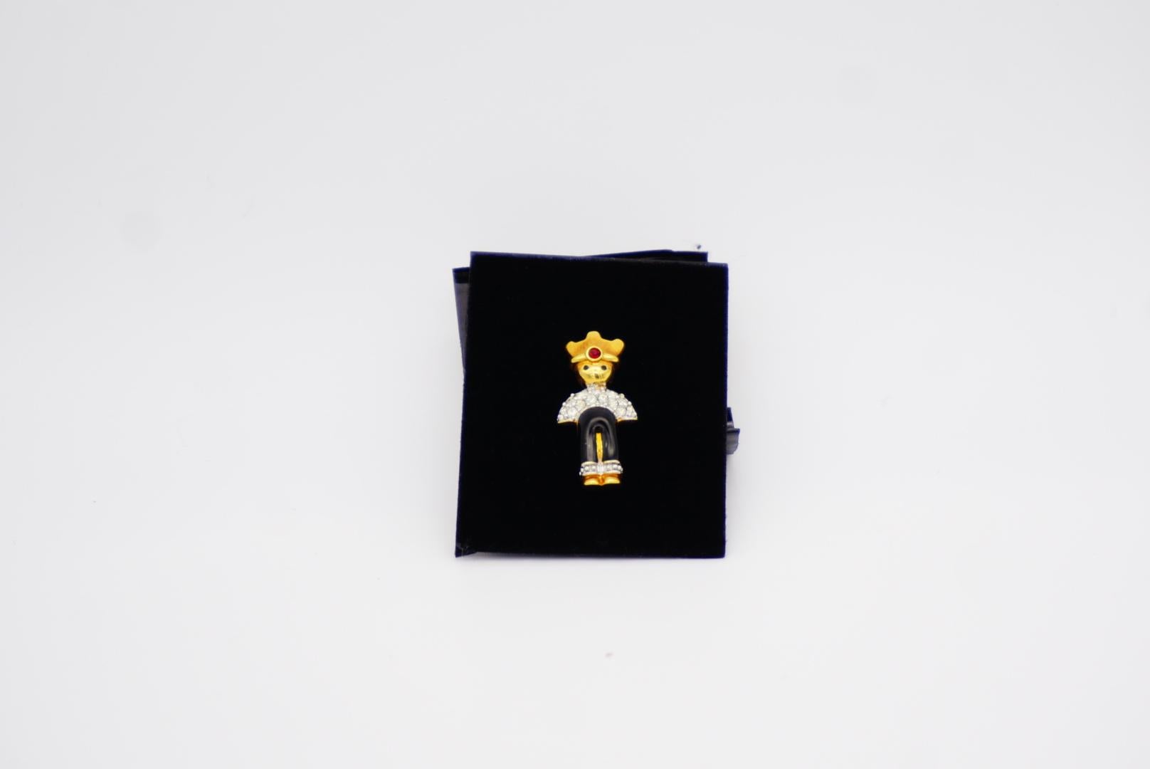 Swarovski Vintage Cute Prince Boy Crystals Black Enamel Red Brooch, Gold Plated For Sale 1