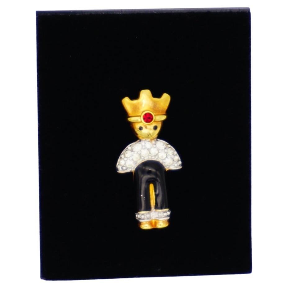 Swarovski Vintage Cute Prince Boy Crystals Black Enamel Red Brooch, Gold Plated For Sale