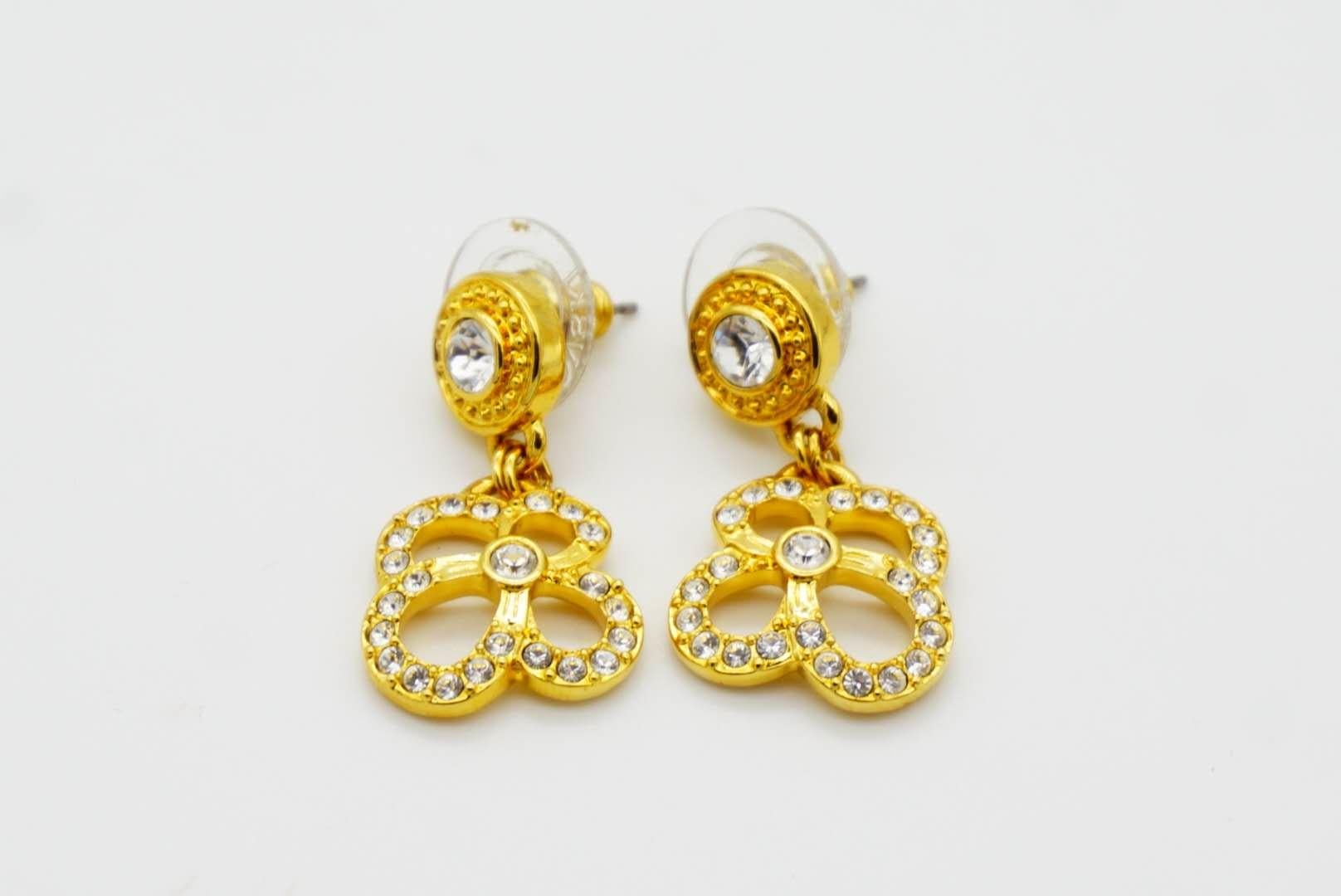 Swarovski Vintage Openwork Floral Crystals Dangle Pierced Earrings, Yellow Gold For Sale 5