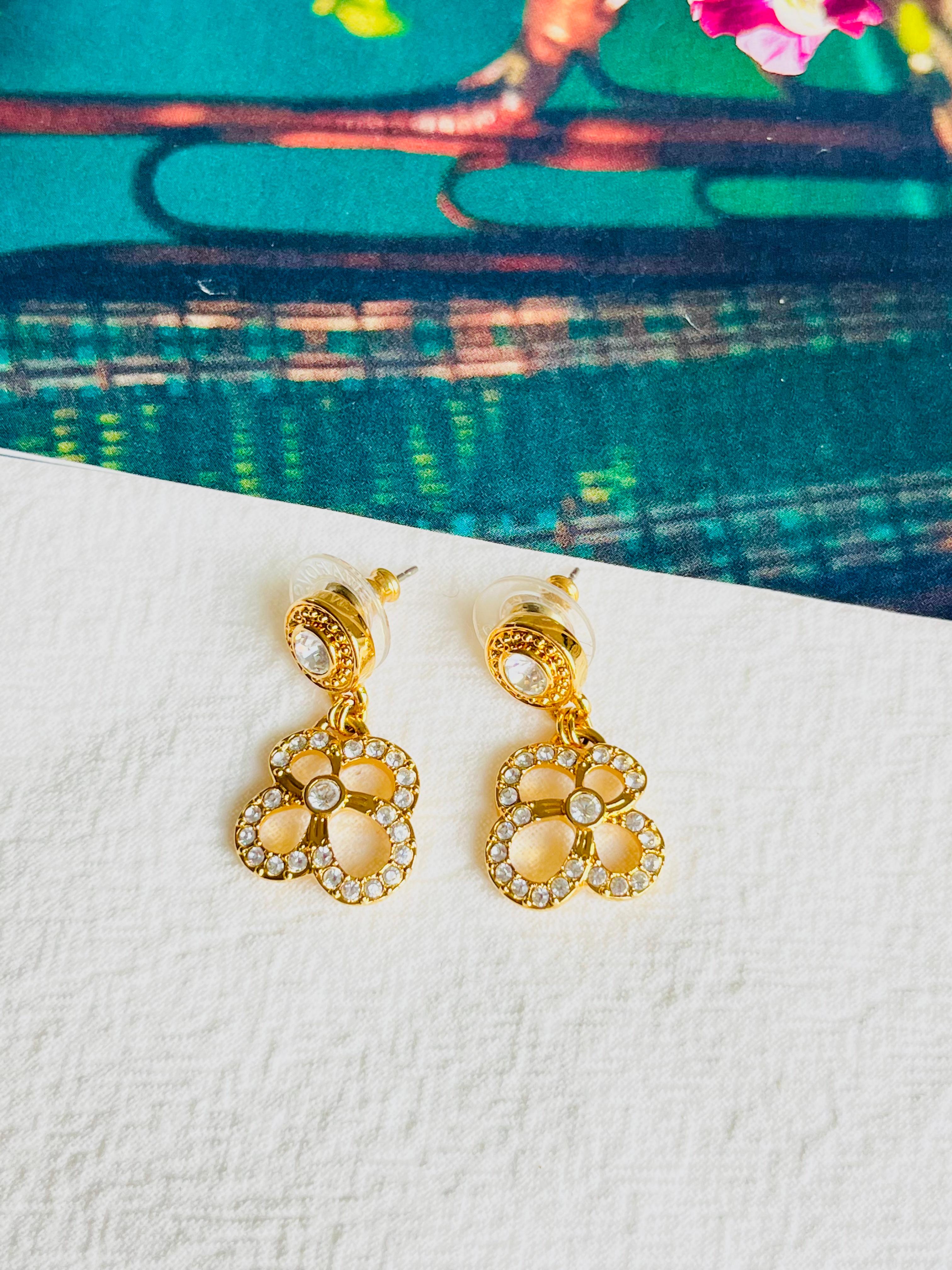 Art Nouveau Swarovski Vintage Openwork Floral Crystals Dangle Pierced Earrings, Yellow Gold For Sale