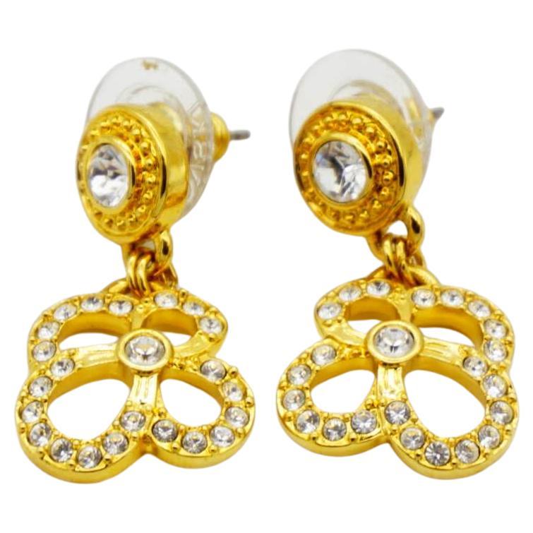 Swarovski Vintage Openwork Floral Crystals Dangle Pierced Earrings, Yellow Gold