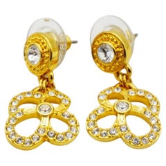 Swarovski Used Openwork Floral Crystals Dangle Pierced Earrings, Yellow Gold