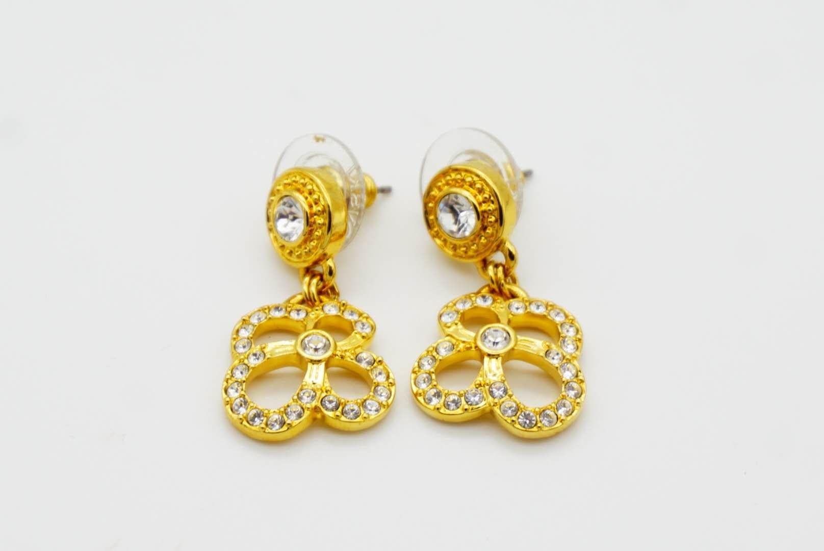Swarovski Vintage Openwork Floral Pansy Clover Crystals Gold Pierced Earrings For Sale 8