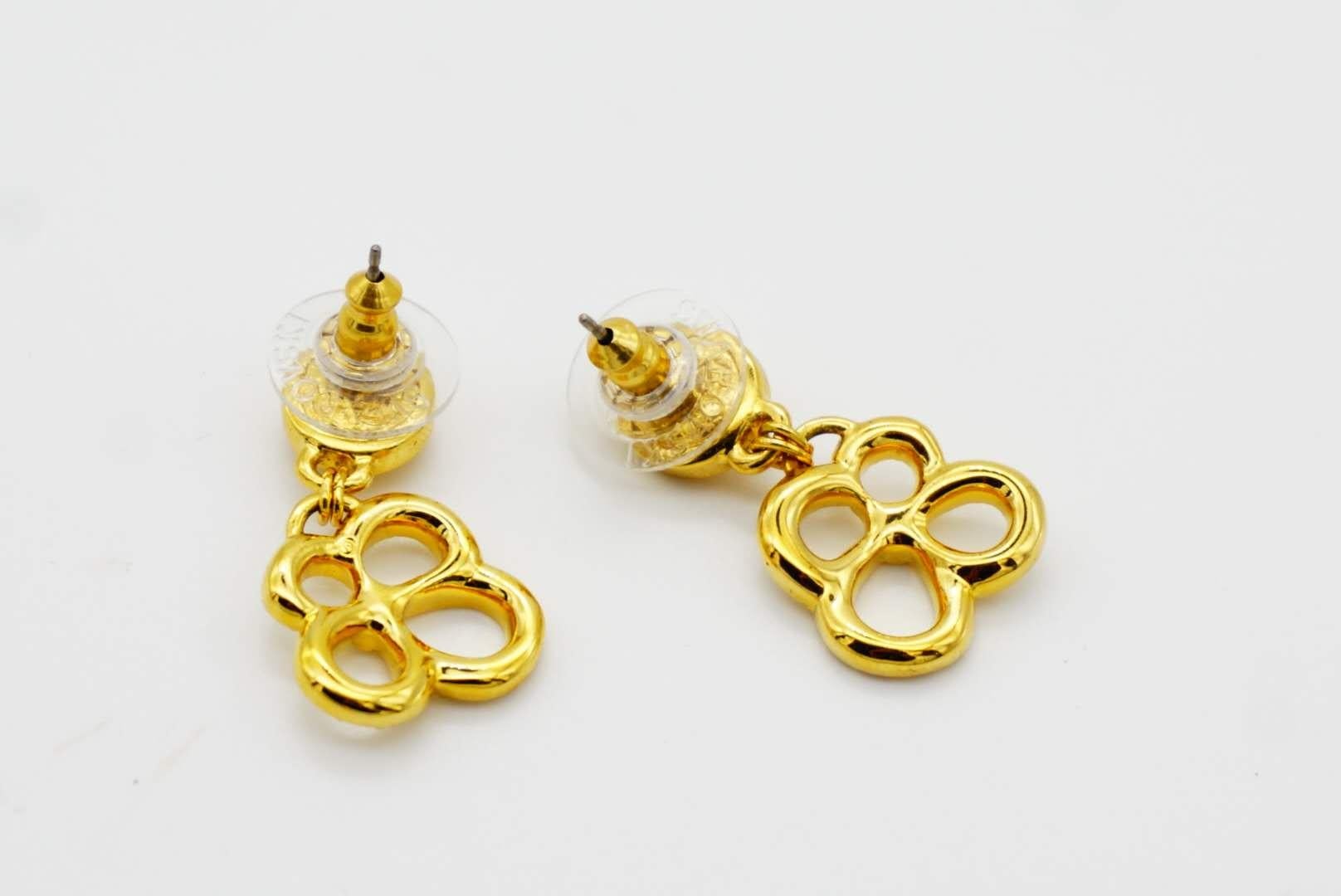 Swarovski Vintage Openwork Floral Pansy Clover Crystals Gold Pierced Earrings For Sale 9