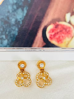 Swarovski Vintage Openwork Floral Pansy Clover Crystals Gold Pierced Earrings