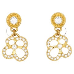 Swarovski Vintage Openwork Floral Pansy Clover Crystals Gold Pierced Earrings