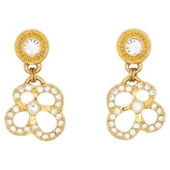 Swarovski Vintage Openwork Floral Pansy Clover Crystals Gold Pierced Earrings