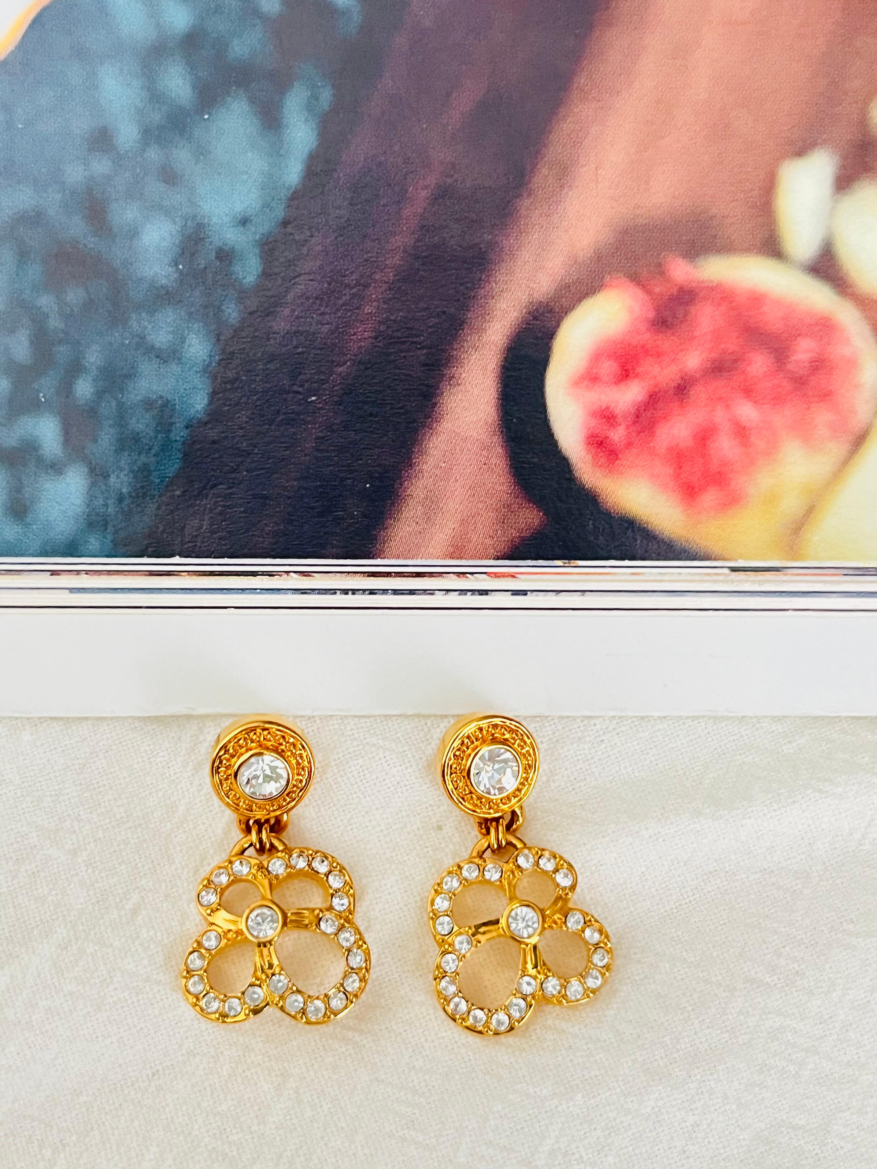 Art Deco Swarovski Vintage Openwork Floral Pansy Clover Crystals Gold Pierced Earrings For Sale