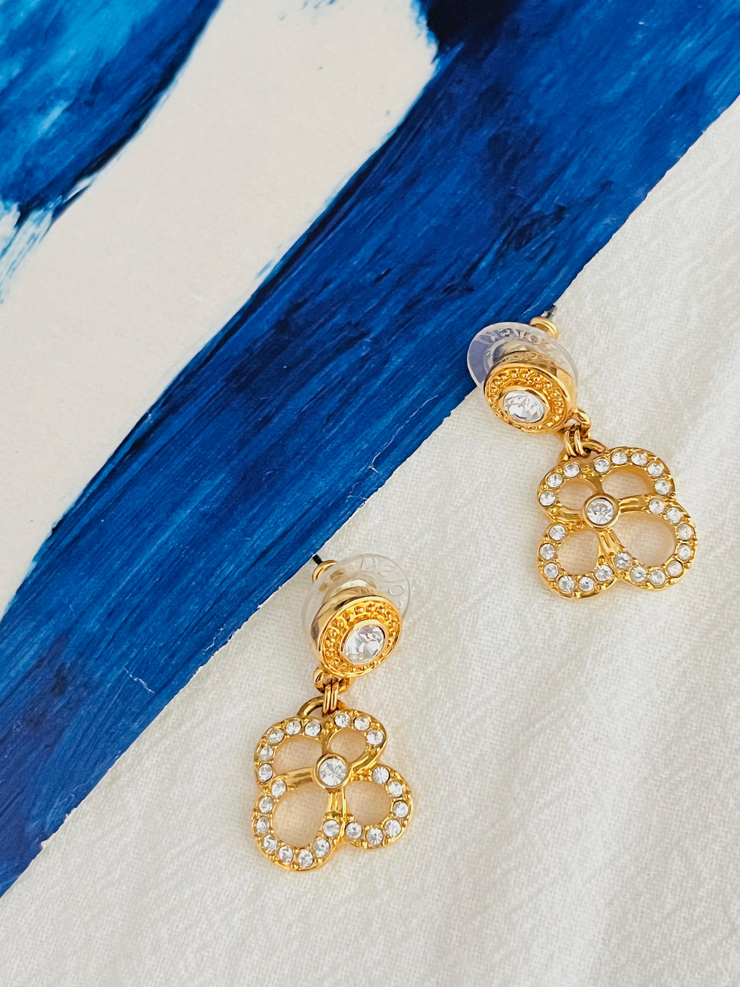 Swarovski Vintage Openwork Floral Pansy Clover Crystals Gold Pierced Earrings In Excellent Condition For Sale In Wokingham, England