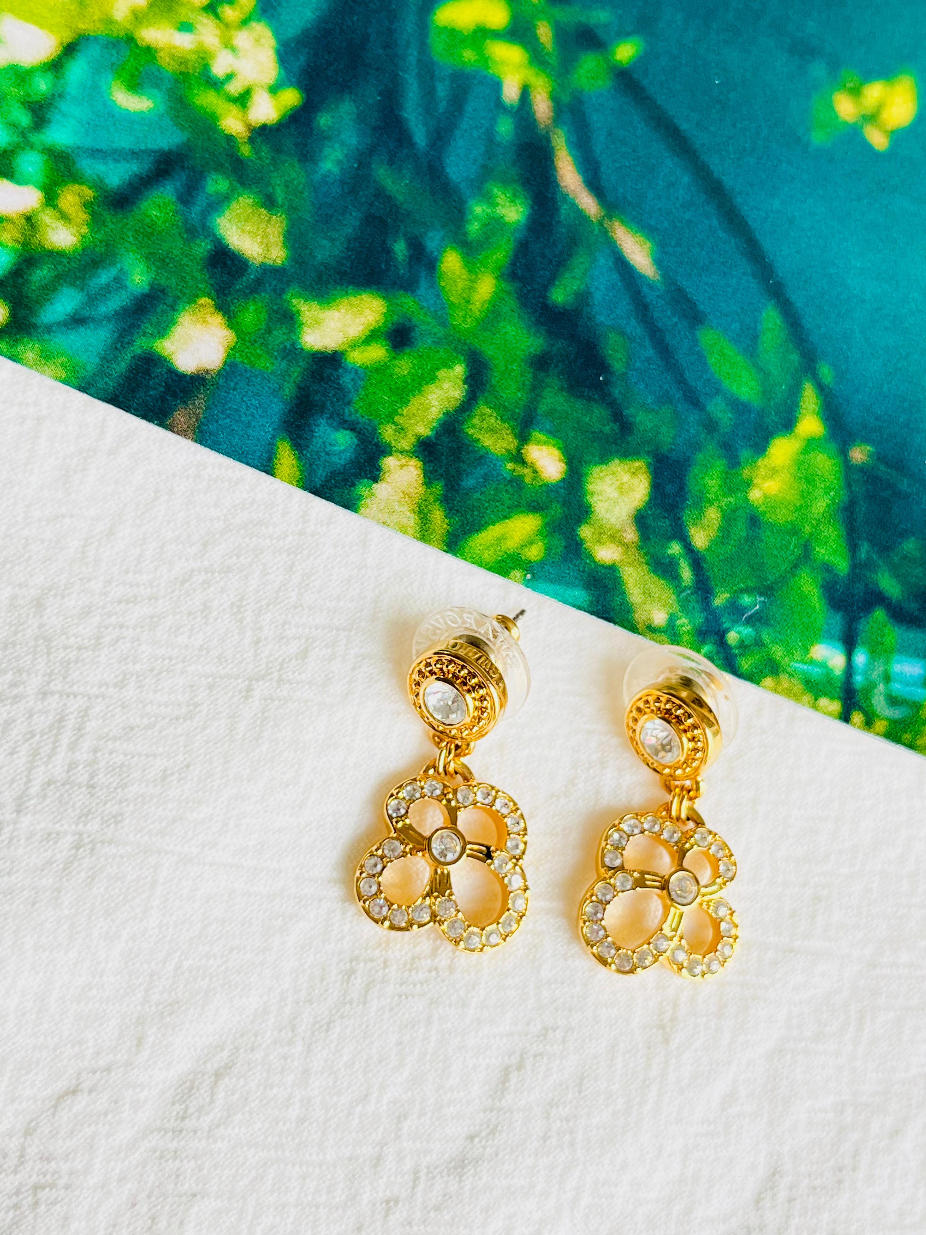 Women's or Men's Swarovski Vintage Openwork Floral Pansy Clover Crystals Gold Pierced Earrings