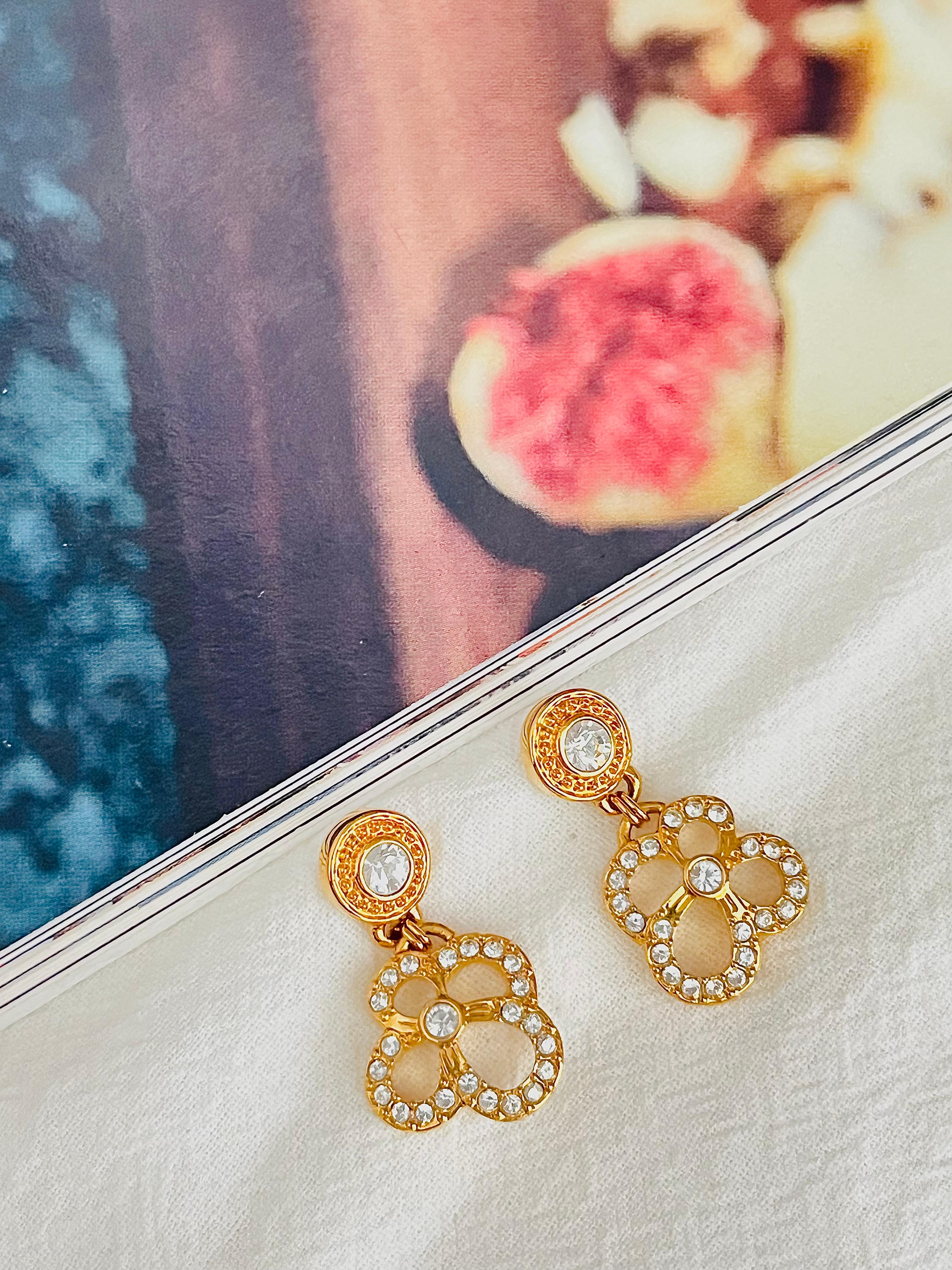 Women's or Men's Swarovski Vintage Openwork Floral Pansy Clover Crystals Gold Pierced Earrings For Sale