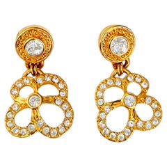 Swarovski Vintage Openwork Floral Pansy Clover Crystals Gold Pierced Earrings