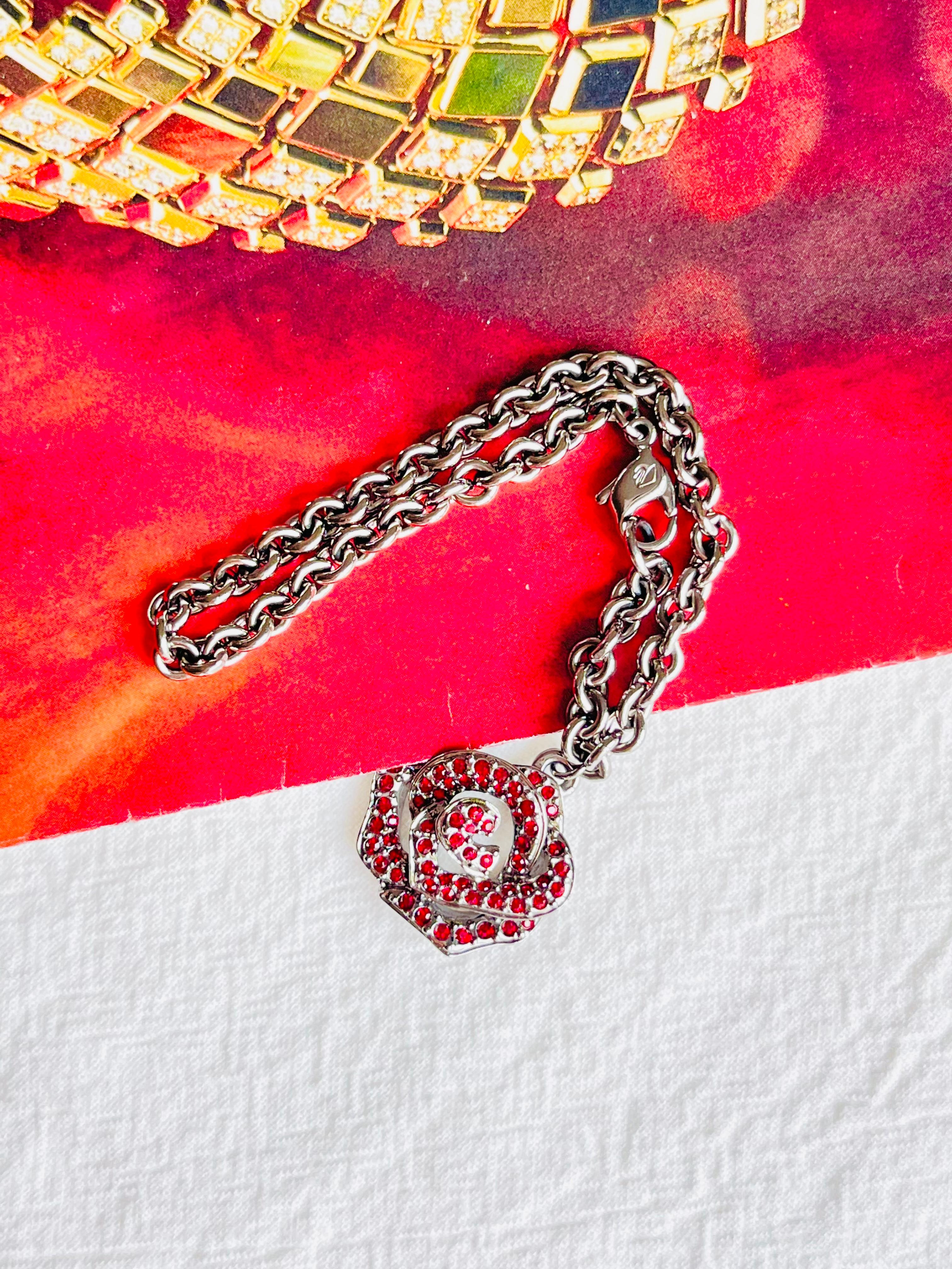 Artisan Swarovski Vintage Vivid Rose Red Crystal Pendant Charm Hollow Silver Bracelet For Sale