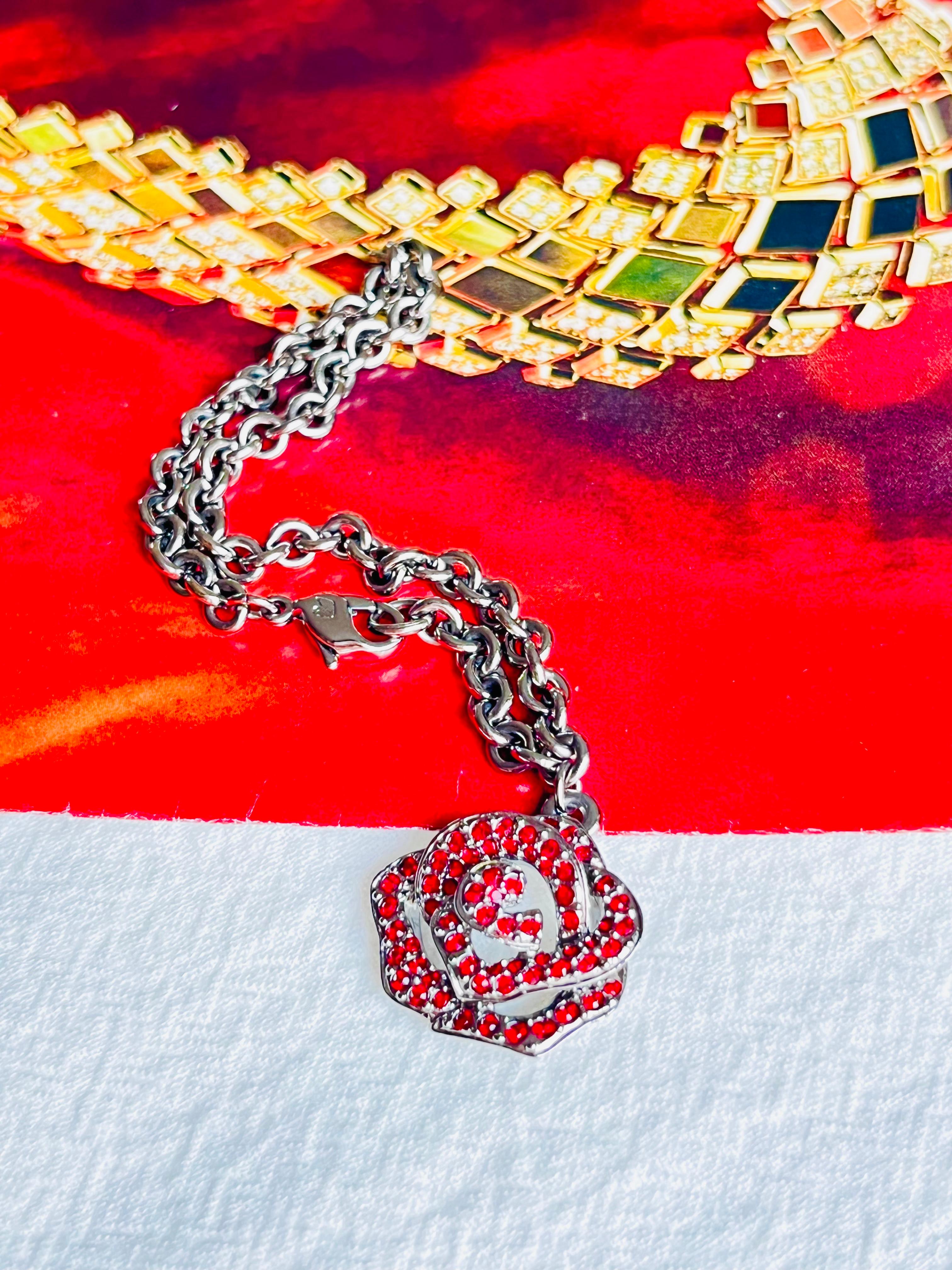 Art Deco Swarovski Vintage Vivid Rose Red Crystal Pendant Charm Hollow Silver Bracelet For Sale