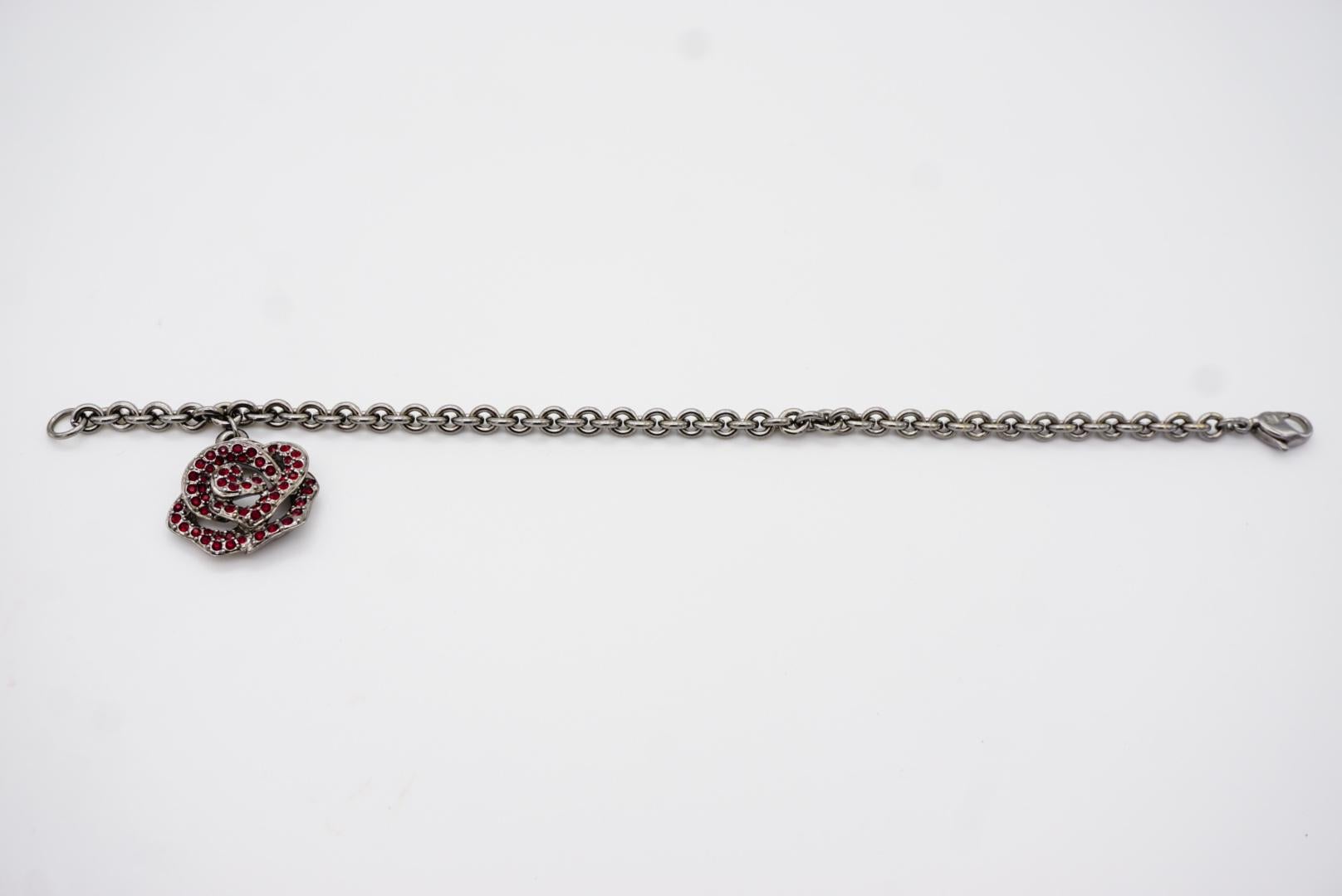 Swarovski Vintage Vivid Rose Red Crystal Pendant Charm Hollow Silver Bracelet For Sale 1
