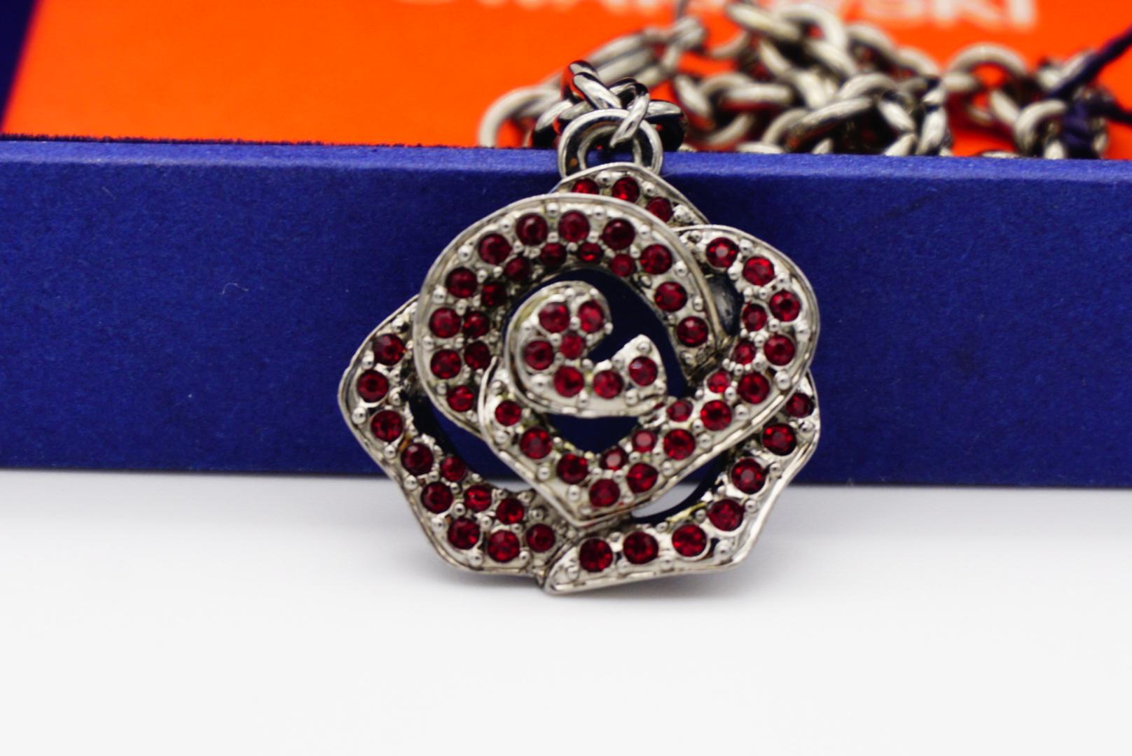 Swarovski Vintage Vivid Rose Red Crystal Pendant Charm Hollow Silver Bracelet For Sale 2