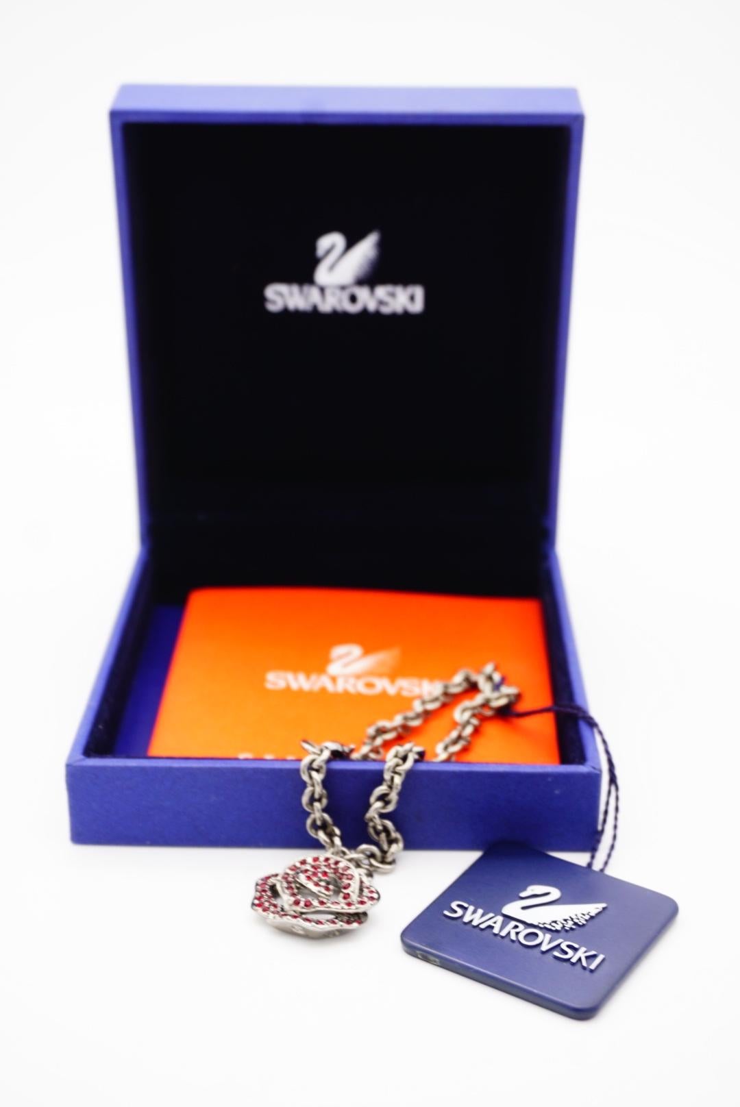Swarovski Vintage Vivid Rose Red Crystal Pendant Charm Hollow Silver Bracelet For Sale 3