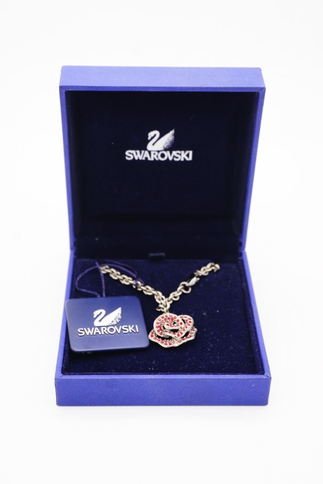 Swarovski Vintage Vivid Rose Red Crystal Pendant Charm Hollow Silver Bracelet For Sale 4