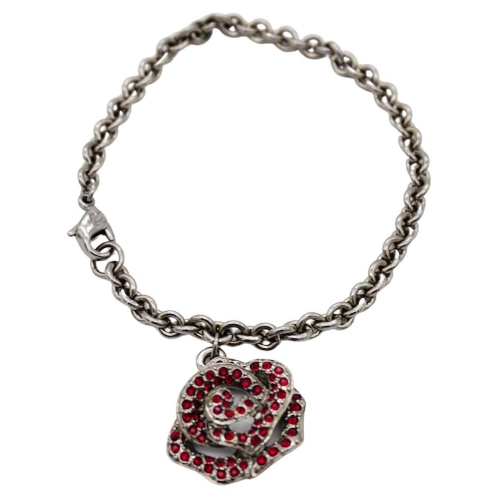 Swarovski Vintage Vivid Rose Red Crystal Pendant Charm Hollow Silver Bracelet For Sale