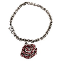 Swarovski Vintage Vivid Rose Red Crystal Pendant Charm Hollow Silver Bracelet