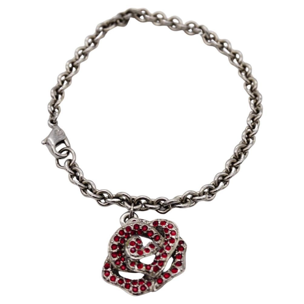 Swarovski Vintage Vivid Rose Red Crystal Pendant Charm Hollow Silver Bracelet For Sale