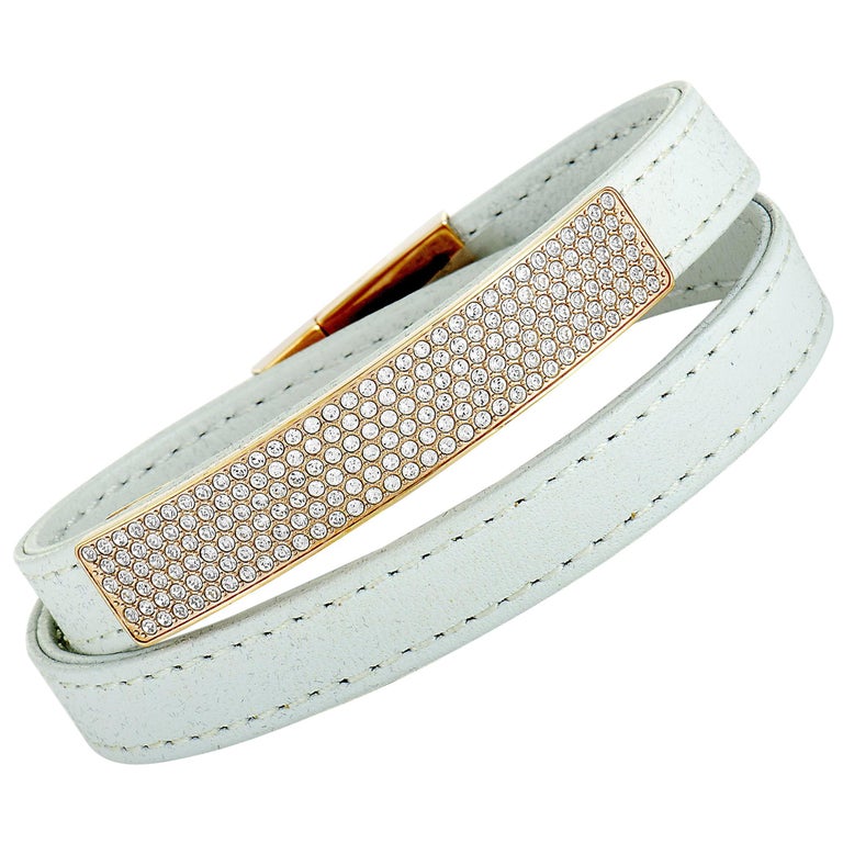 Swarovski Vio Stainless Steel Gold-Plated and White Leather Crystal Pave  Bracele at 1stDibs