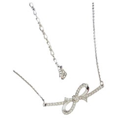 Swarovski White Silver Long Large Knot Bow Ribbon Crystals Pendant Necklace