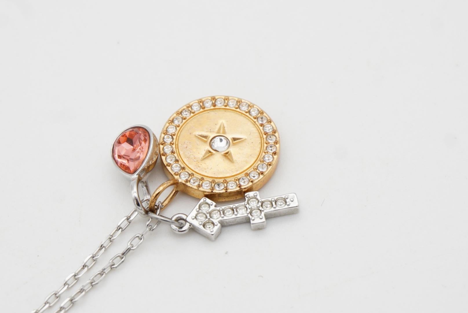 Women's or Men's Swarovski Zodiac Sagittarius Cross Compass Tear Drop Pendant Necklace, Rose Gold For Sale