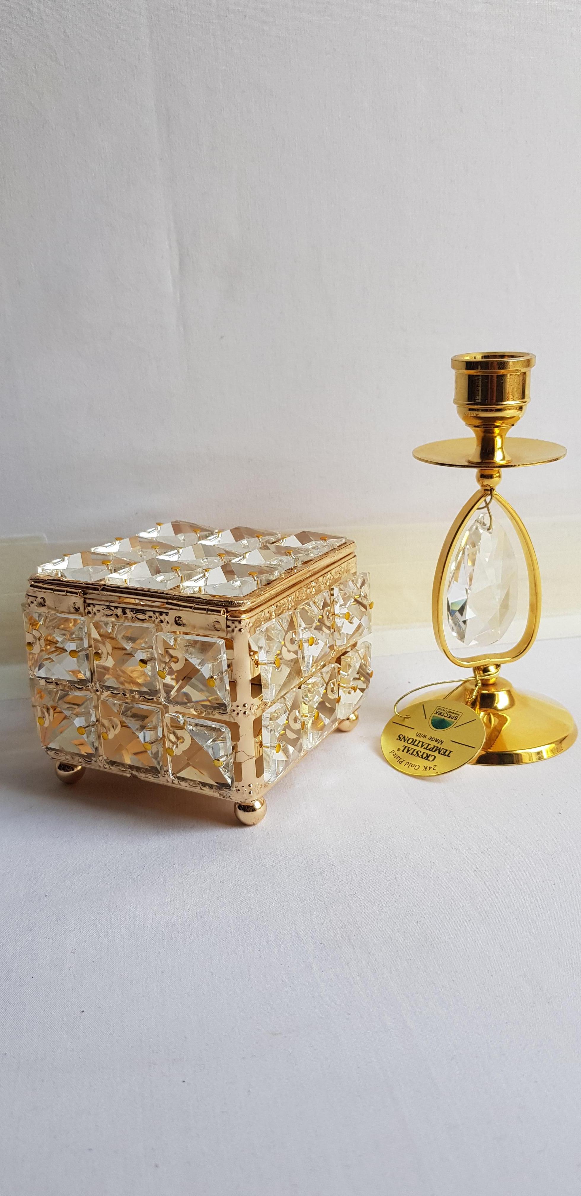 Late 20th Century Swarowski Crystal and 24 Kt Gold Plated Jewellery Box and Candle Holder For Sale