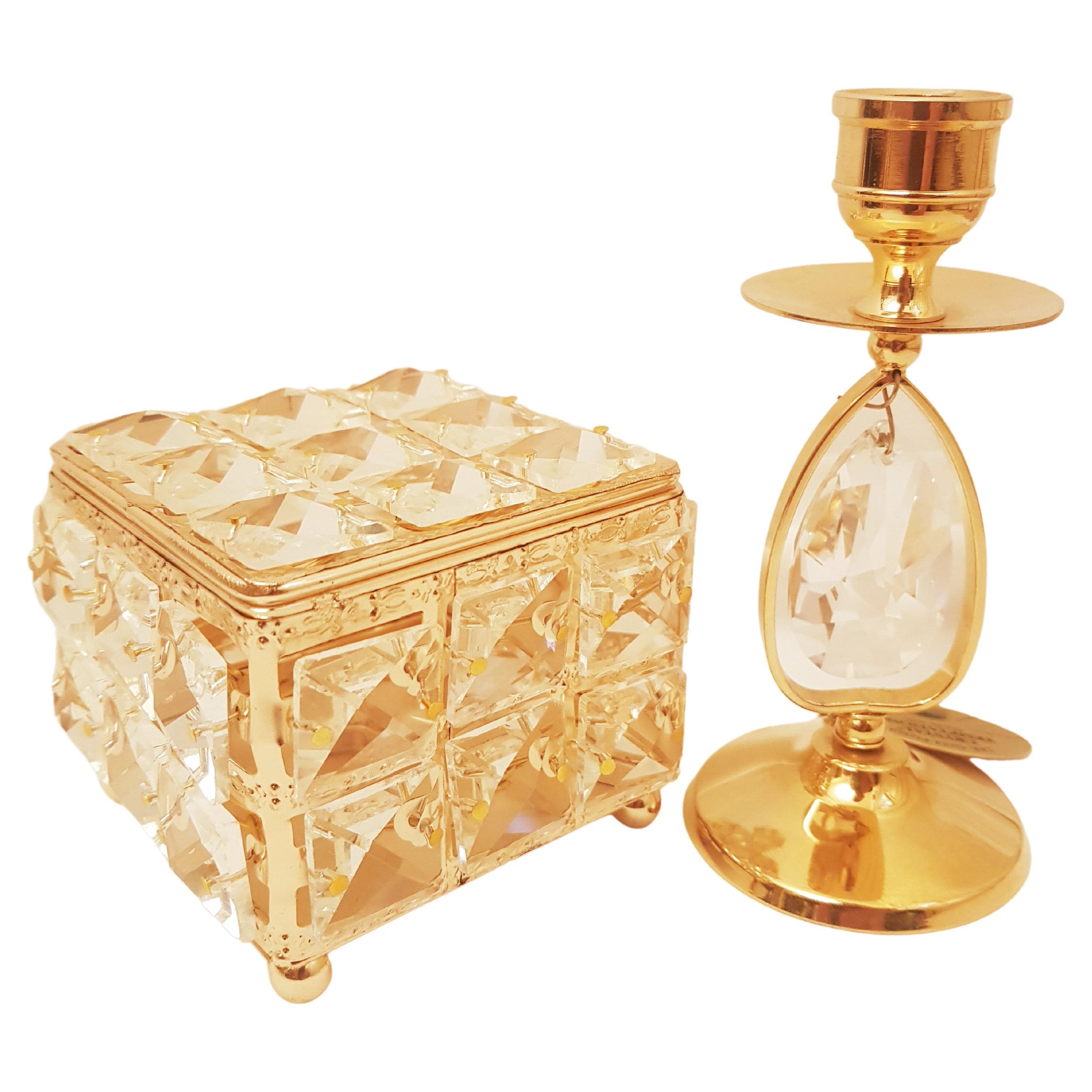 Swarowski Crystal and 24 Kt Gold Plated Jewellery Box and Candle Holder For Sale