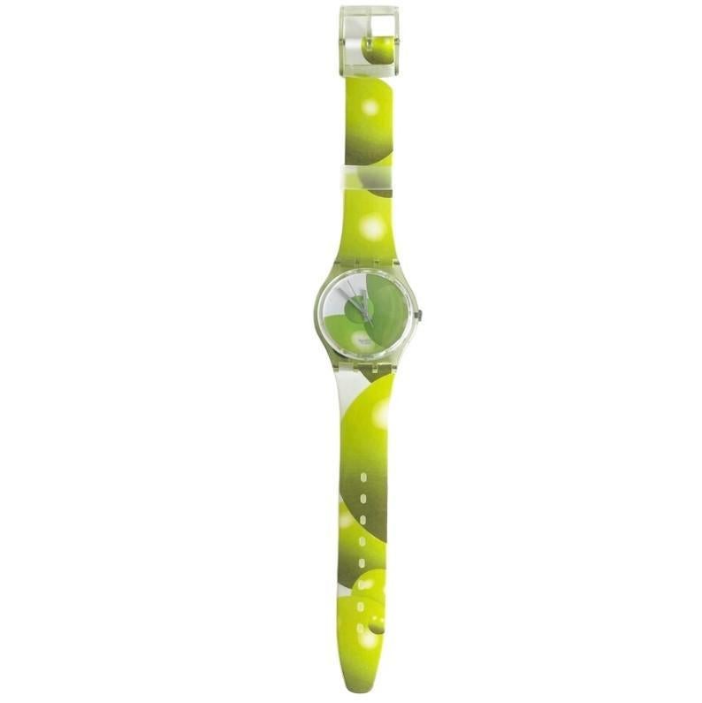 Add a pop of playful charm to your collection with the Swatch Gent BALLOONS GG142. This distinctive timepiece from 1997 showcases a captivating green balloon pattern on both the plastic strap and dial, making it a delightful and eye-catching