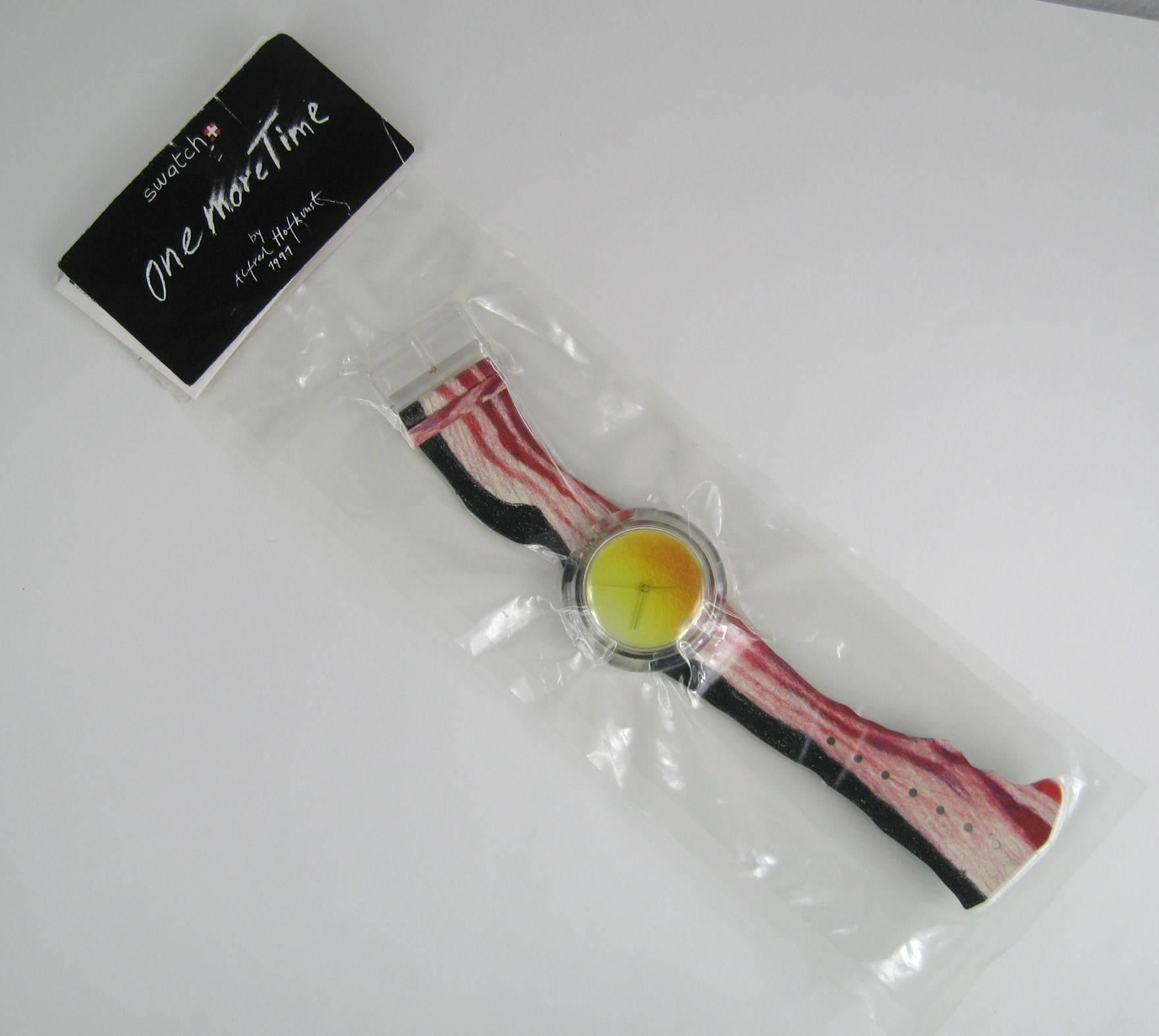 1991 Bonjuhr Artist Series Swatch watch #334/9999. Never worn or taken out of package. Bonju(h)r is a strip of bacon
curly and striped and then crisping at the wrist. Watch is still in original Vacuum plastic package, I purchased these at the