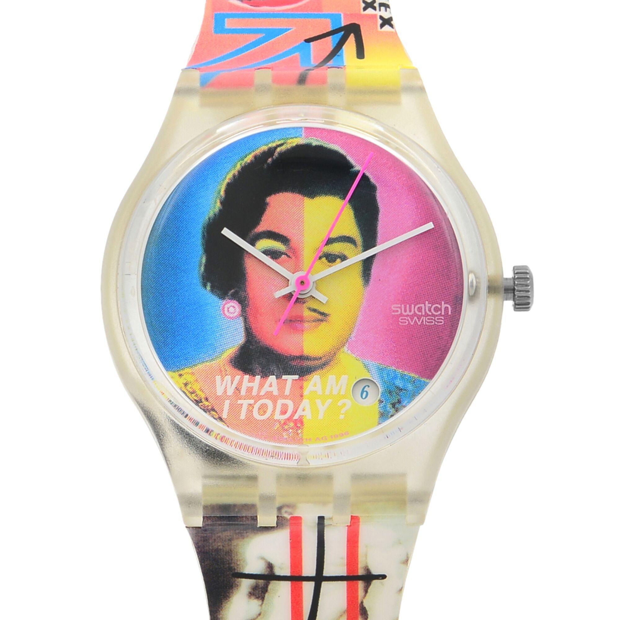 This  never been worn  Swatch Quartz 1144 is a beautiful Ladie's timepiece that is powered by quartz (battery) movement which is cased in a plastic case. It has a round shape face, no features dial and has hand unspecified style markers. It is