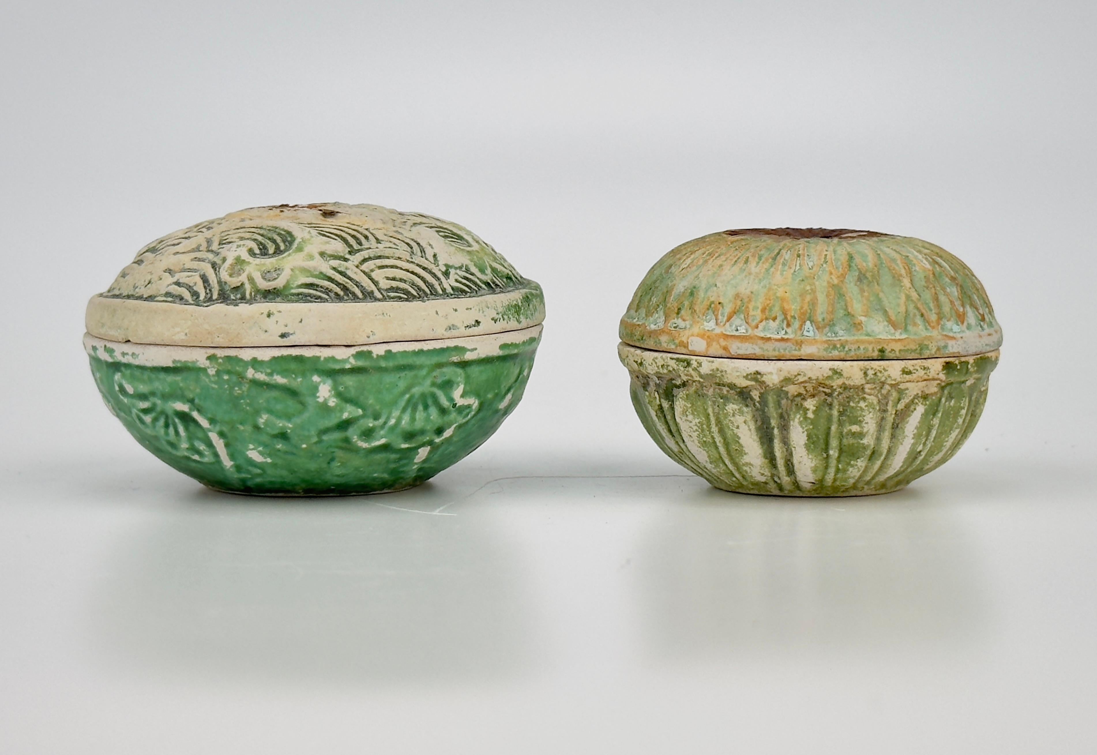 Small green-glazed boxes from the late Ming dynasty cargo. Identical pieces are included on page 142, 143 of the Bin Thuan catalog titled 'The Age of Discovery: Asian Ceramics Found Along the Maritime Silk Road'.

Period: Ming Dynasty (16-17th