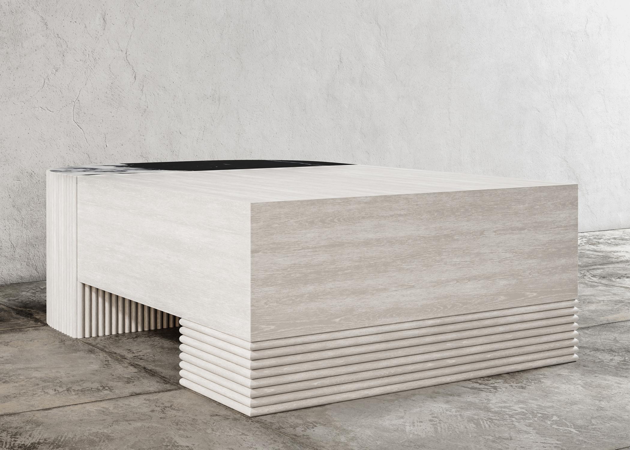 SWAY COFFEE TABLE – modernes Design mit sandfarbener Eiche + Nero Marquina Marmor

Der Sway Couchtisch ist ein wunderschönes und einzigartiges Möbelstück, das mit Sicherheit zum Mittelpunkt eines jeden Wohnzimmers wird. Dieser atemberaubende